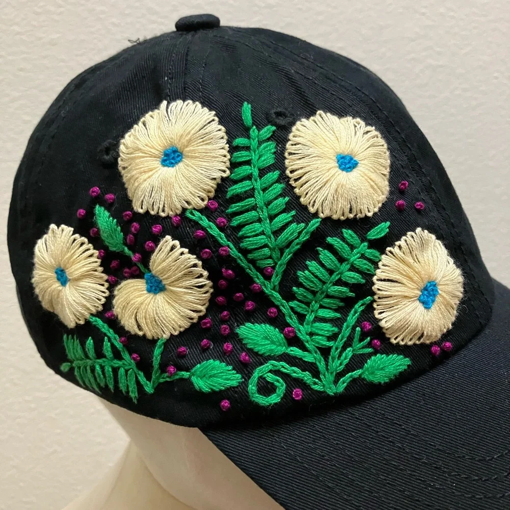Floral Hand Embroidered Black Cap Adjustable Summer Handmade Boho Hippie Fashion